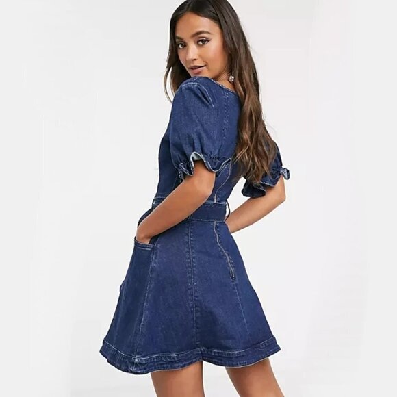 NWT Finders Keepers dark blue wash denim puff sleeve belted mini dress - Picture 6 of 12